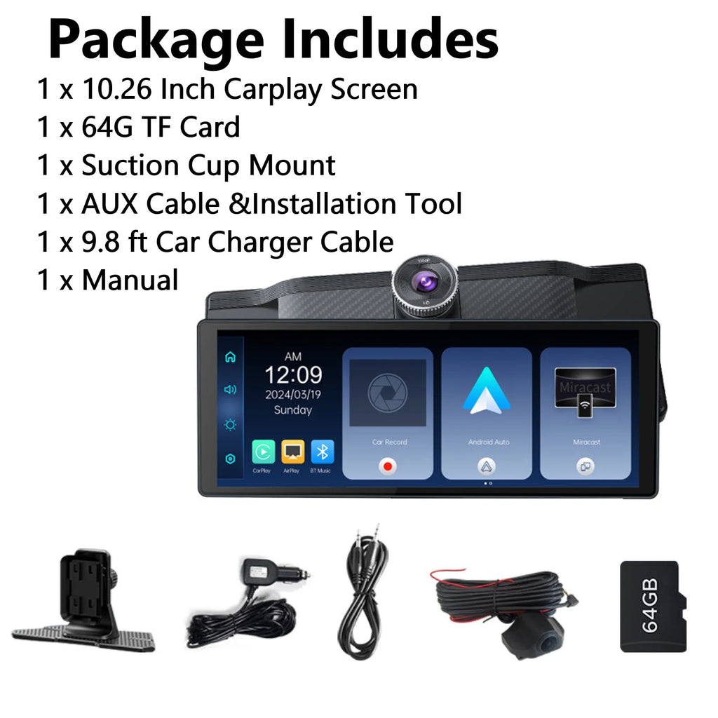 Pecham 10.26" Wireless Apple Carplay with Bluetooth, 4K 1080P Dual Dash Camera Front and Rear, Portable Car Stereo GPS Navigation with Car Audio, Airplay, Mirror Link, 64GB TF Card