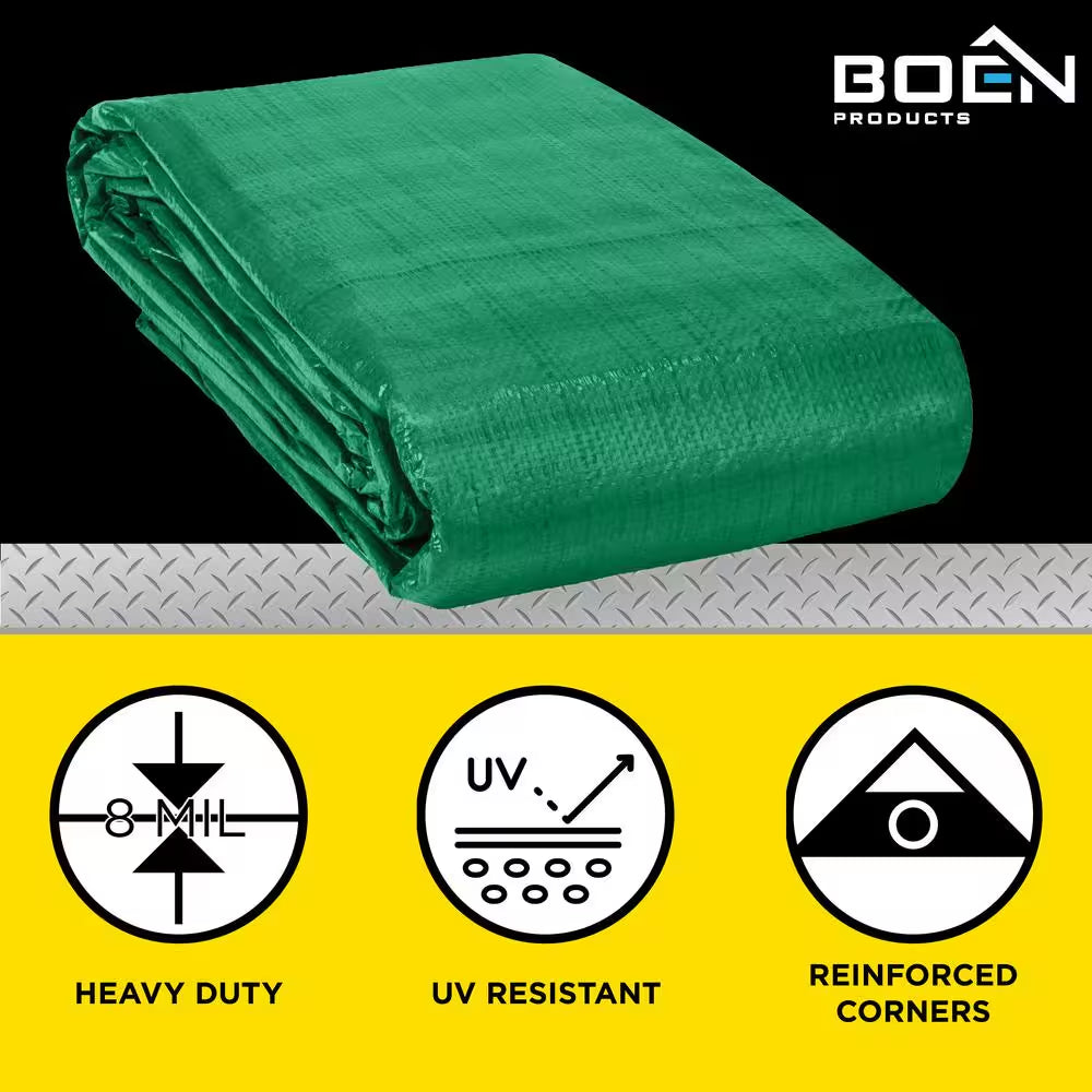 20 Ft. X 30 Ft. Multi-Purpose Green Poly Tarp Cover 8 Mil Thick Weave Material, Waterproof