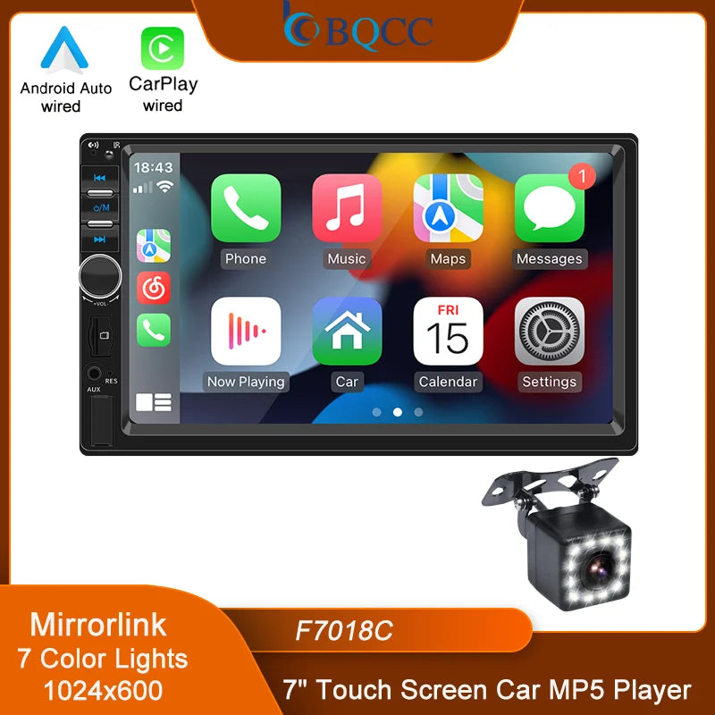 BQCC 7" 2Din/1 Din MP5 Car Player Mirrorlink Wired Android Auto/Carplay BT AUX Colorful Lights FM Car Radio F7018C