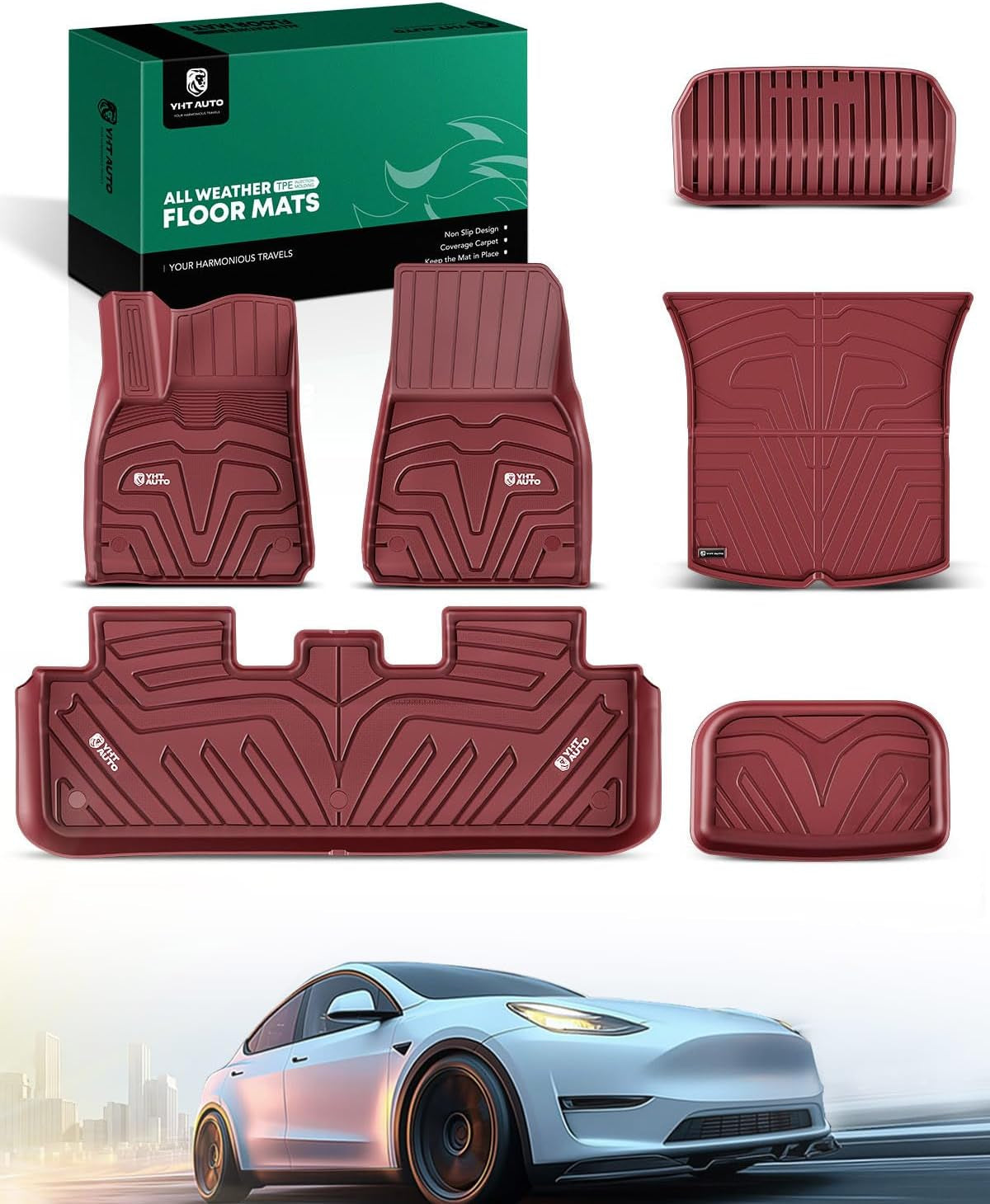 YHTAUTO All-Weather Floor Mats & Cargo Liners for Tesla Model Y (2020-2025) - Set of 6, Black - Perfect Fit for 5-Seat Models (Excludes Juniper)