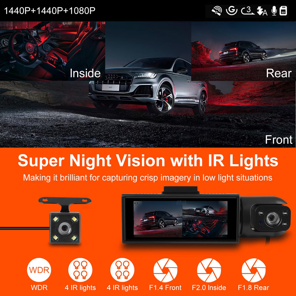 AILKIN Dash Cam Front and Rear,Full HD 1440P/1080P Dash Cam 3.16In Large Screen Dash Camera for Cars with Night Vision Free 64GB Card,G-Sensor,3 Channel Dash Cam Front and Rear inside Loop Recording
