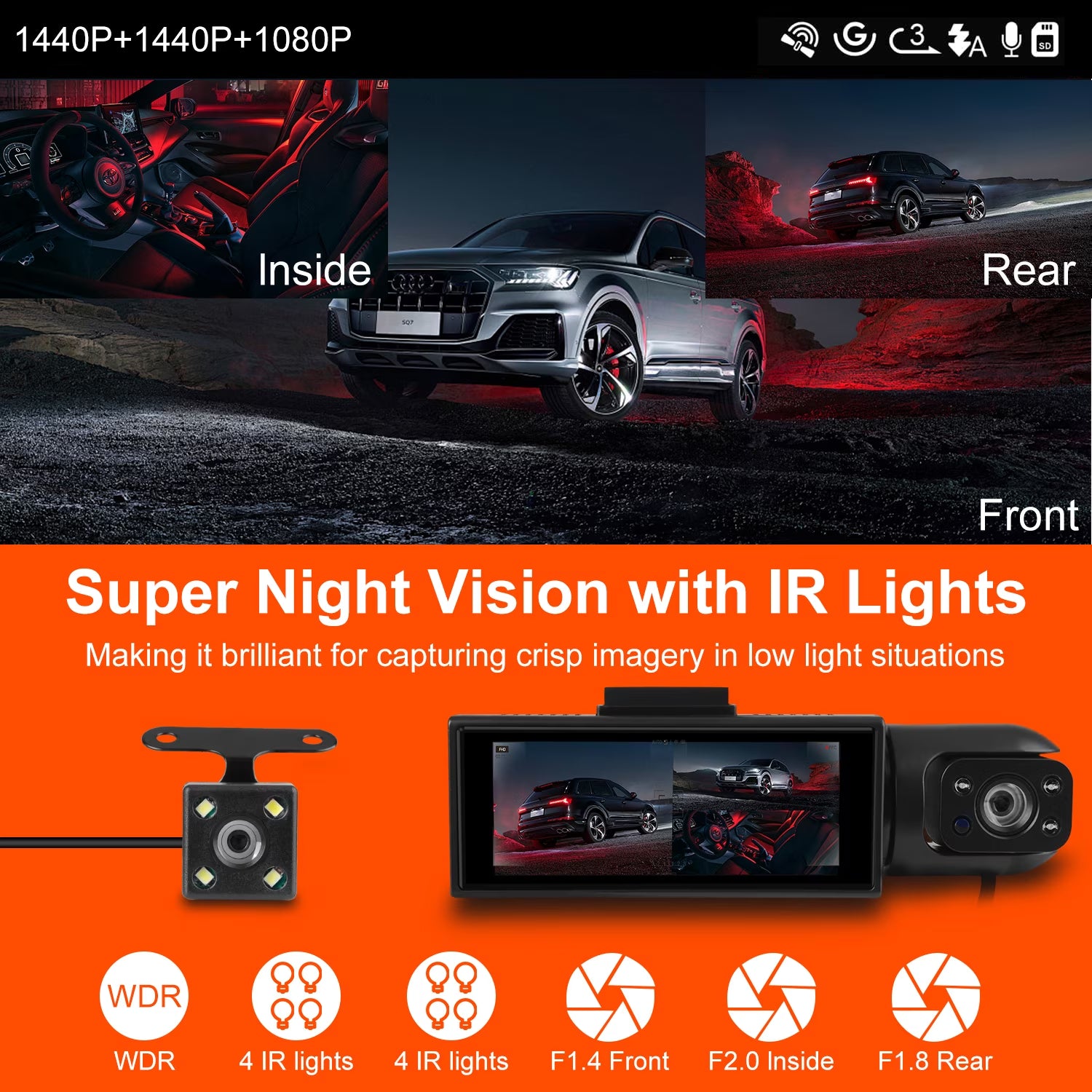 AILKIN Dash Cam Front and Rear,Full HD 1440P/1080P Dash Cam 3.16In Large Screen Dash Camera for Cars with Night Vision Free 64GB Card,G-Sensor,3 Channel Dash Cam Front and Rear inside Loop Recording
