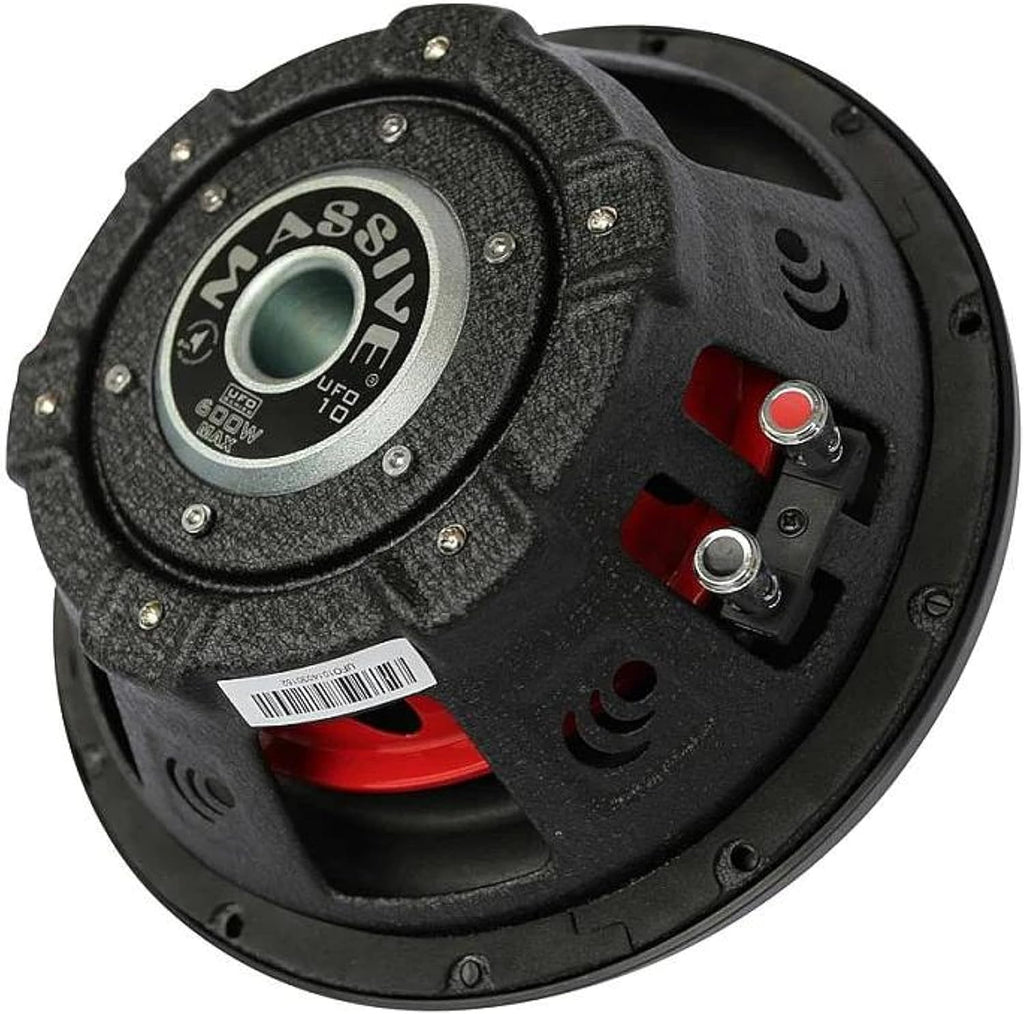 Massive Audio UFO10V2 10” Slim Subwoofer | 600W Max, 300W RMS, Dual 4 Ohm, Shallow Mount Design, Powerful Low-Profile Woofer for Tight Spaces & Deep Bass Car Audio Systems