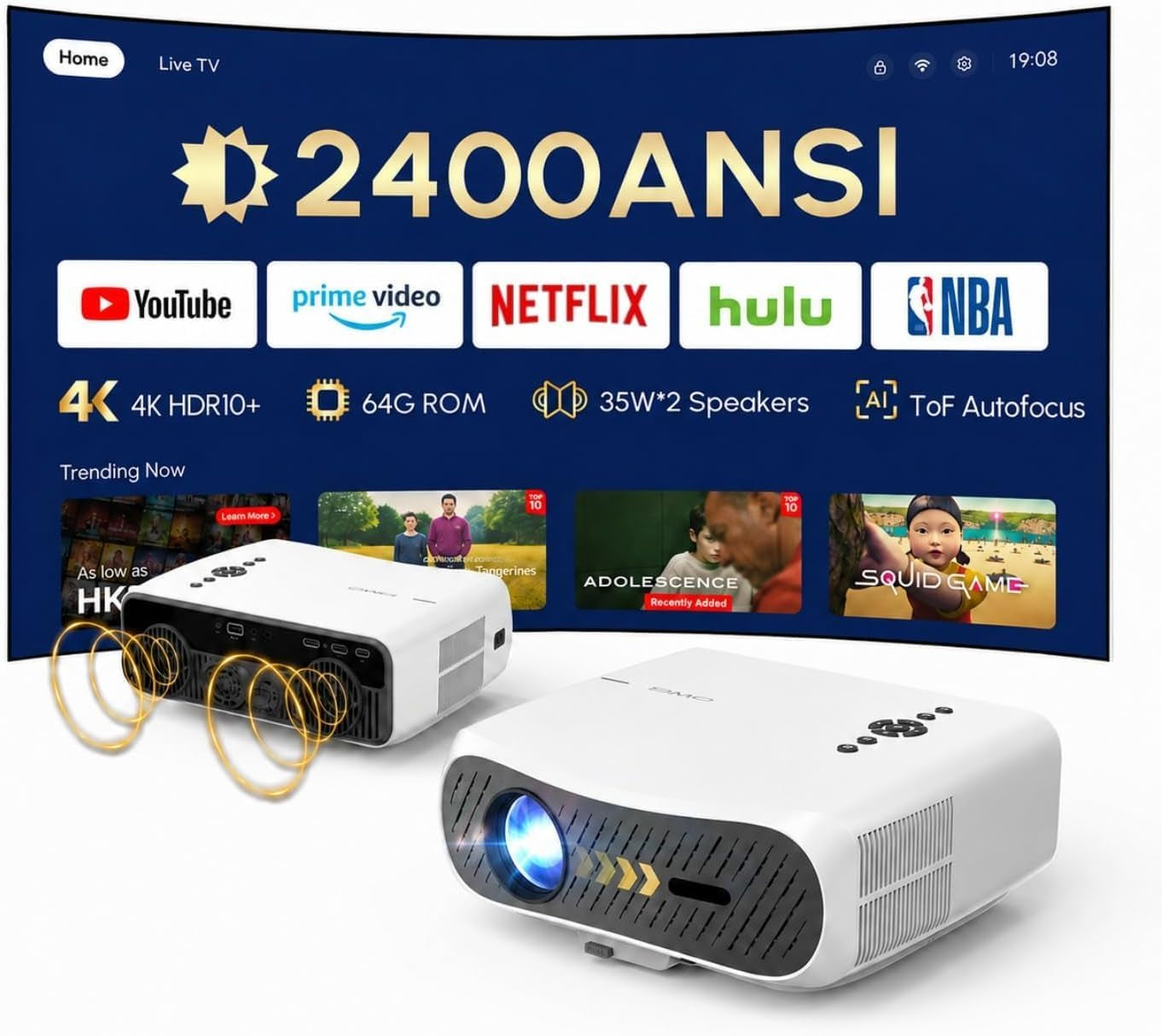 2550 ANSI Daytime Projector, 4K Smart Google TV Projector with Dual 35W Speakers Dolby Audio, Shorter Throw, Tof Autofocus, HDMI ARC, NFC Wifi 6 & Bluetooth 5.4 for Home/Outdoor Movie Nights, Gaming