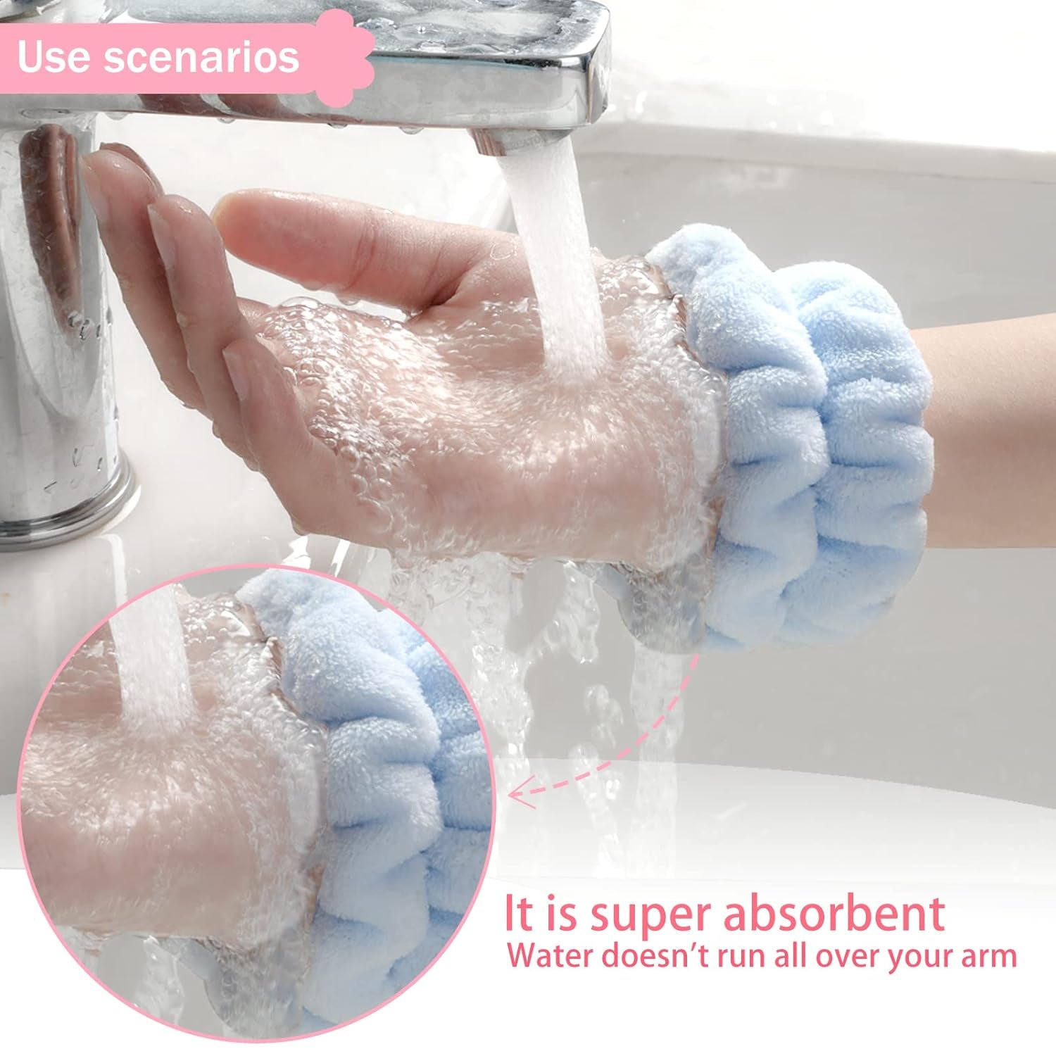 Microfiber Face Washing Wristbands - 2 Pack Stretchy Absorbent Arm Towels for Women & Kids, Perfect for Spa & Daily Skincare Routine