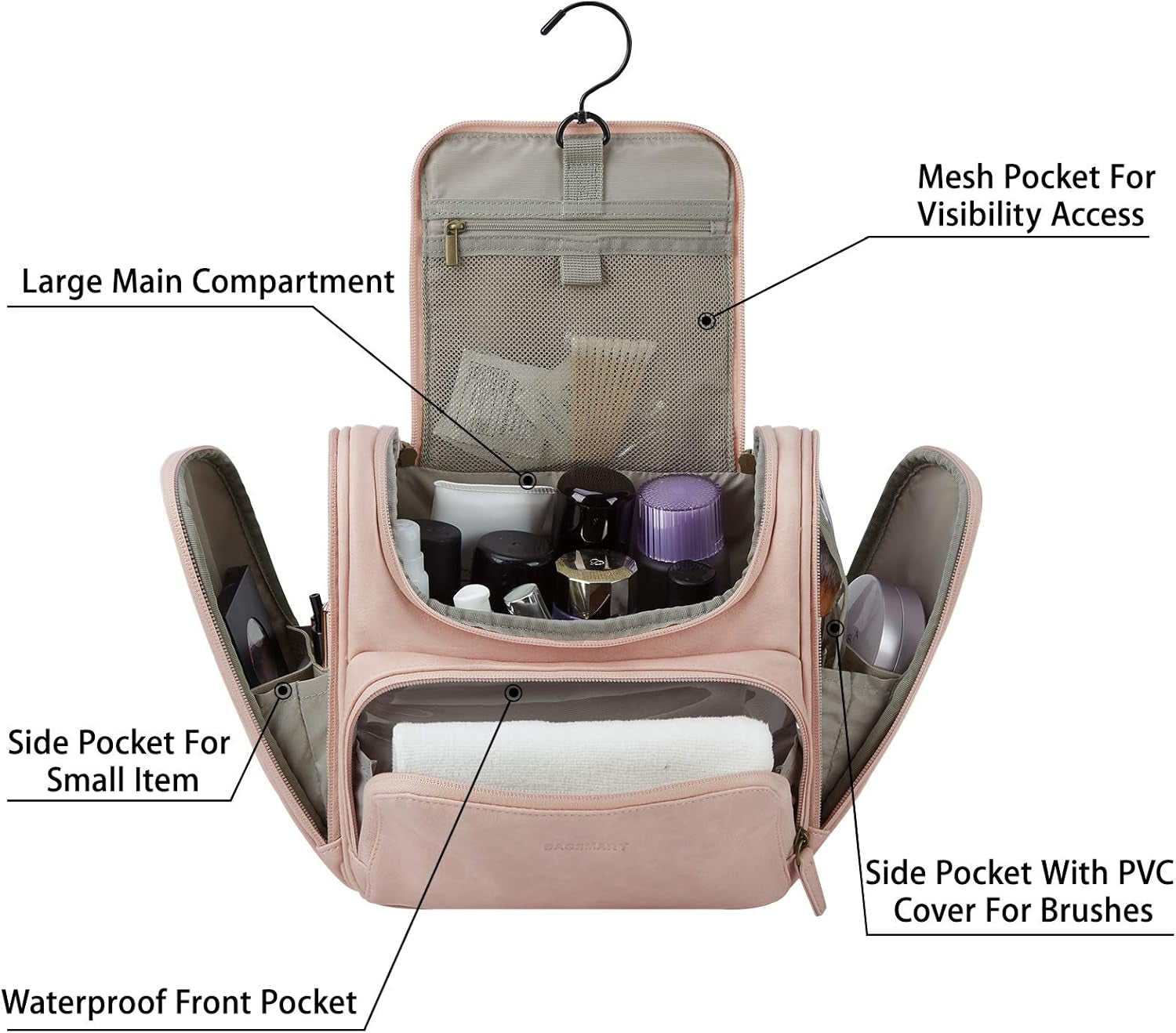 BAGSMART Hanging Toiletry Bag, Water-Resistant Leather Dopp Kit, Large Travel Organizer for Full Sized Container, Nude Pink