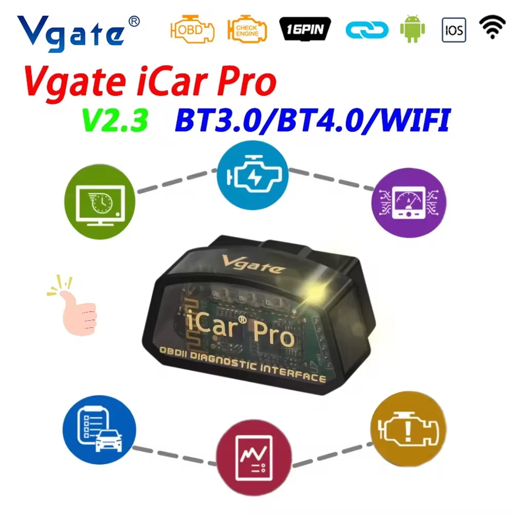 Vgate Icar Pro Elm327 V2.3 OBD 2 OBD2 Car Diagnostic Tool WIFI Bluetooth 4.0 for IOS Scan Tool ODB2 Auto Scanner PK ELM 327 V1 5