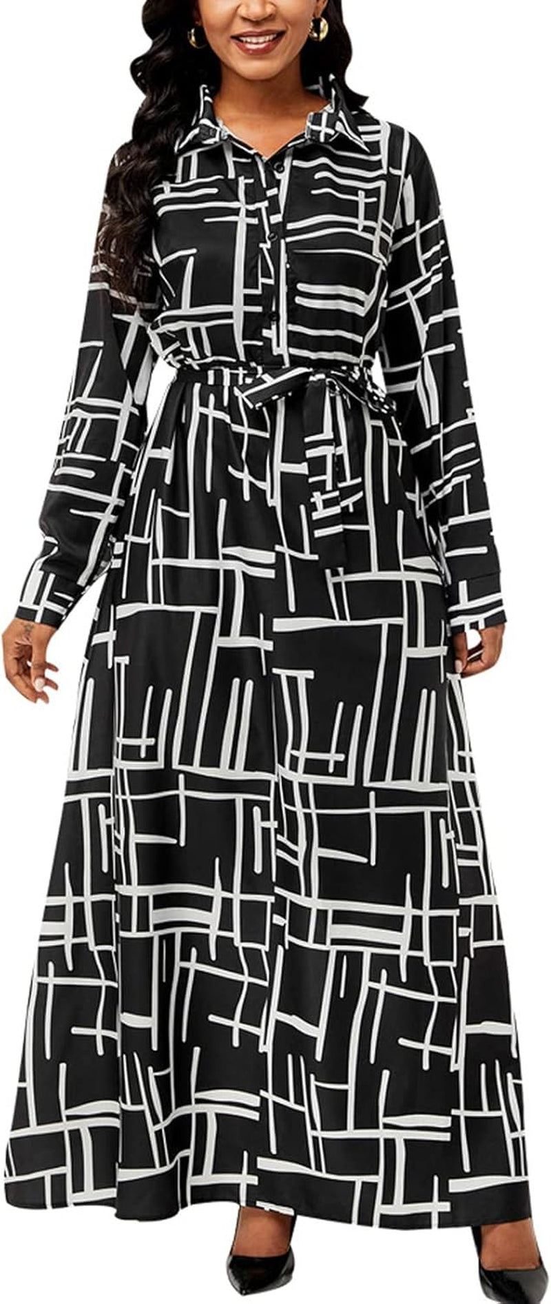 Zonjie Sexy Maxi Dresses for Women Casual plus Size Long Sleeve Button down Loose Party Prom Dress Ladies Outfits with Belt