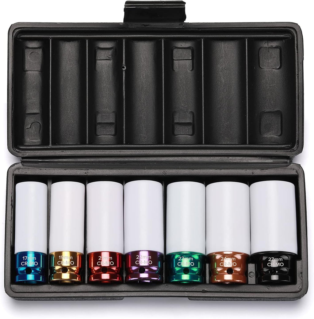 EMENTOL 7PCS 1/2" Drive Thin Wall Deep Wheel Protector Impact Socket Set, CR-MO, Lug Nut Impact Socket Set-17Mm, 19Mm, 21Mm, 22Mm, 23Mm, 24Mm, 27Mm