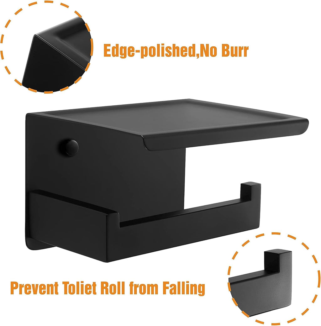 Sleek Matte Black Toilet Paper Holder with Shelf - Self-Adhesive or Wall-Mount for Stylish Bathrooms