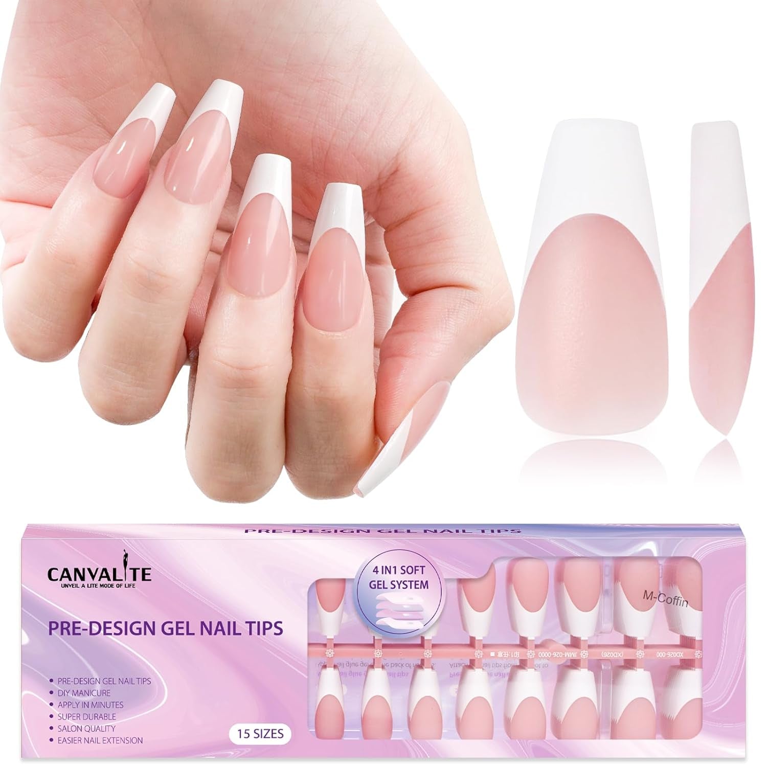 Canvalite 300Pcs French Tip Press on Nails - Pre-Colored Almond Fake Nails with Designs for Quick & Easy DIY Nail Extensions - Perfect Valentines Day Gift in Pink & White