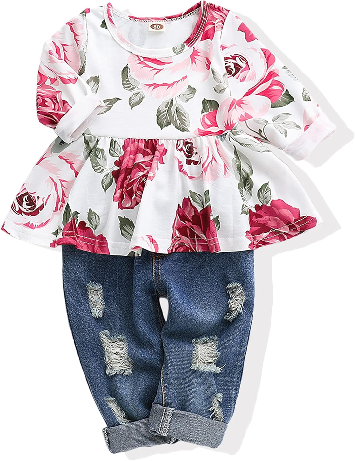 NZRVAWS 9-12 Months Toddler Girls Clothes Baby Outfit Floral Long Sleeve Shirt Tops Denim Ripped Jeans Long Pant Infant for Girls