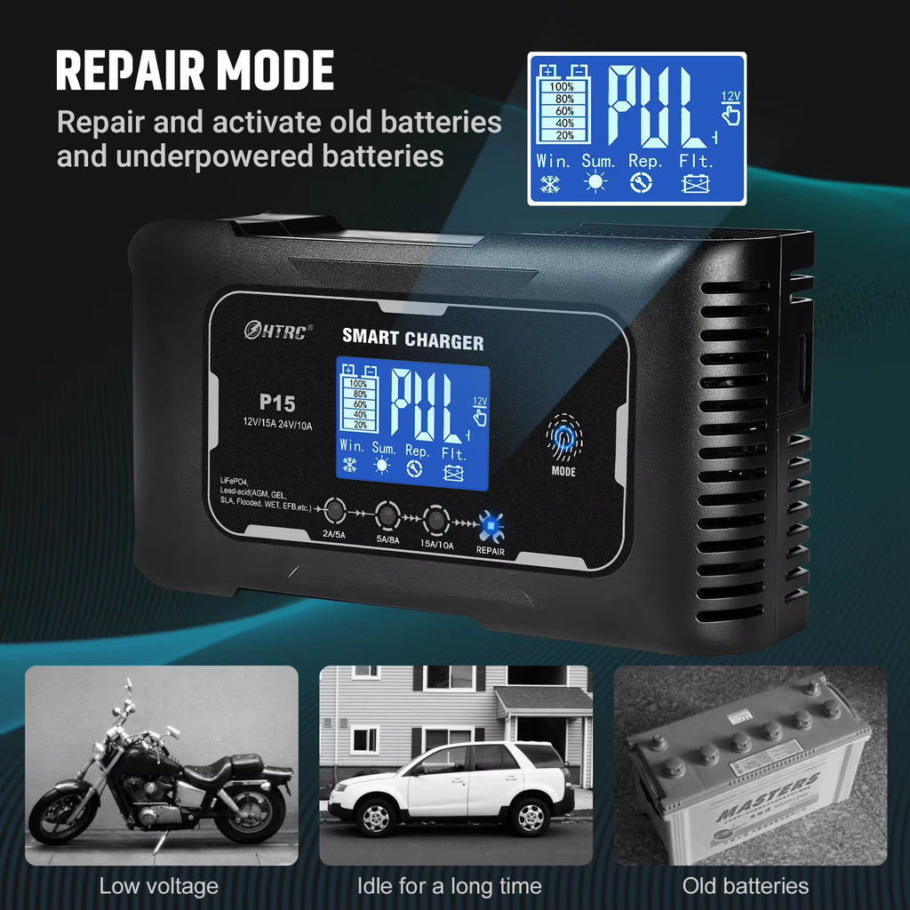 HTRC 12V/24V Car Battery Charger 15A Automatic Charger for Lithium Lifepo4 AGM GEL Lead-Acid Battery Charger for Car