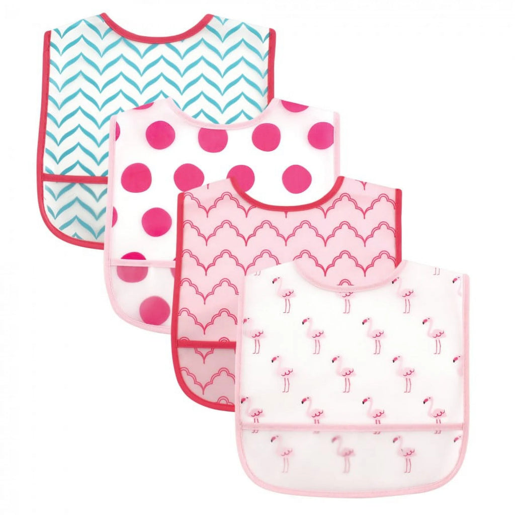 Luvable Friends Baby Girl Waterproof PEVA Bibs 4Pk, Flamingo, One Size