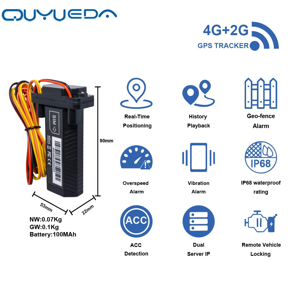 Waterproof Mini 4G Car GPS Tracker with One Year Sim Card Anti-Theft Motorcycle Tracking Device Geo-Fence Vehicle Locator Fleet