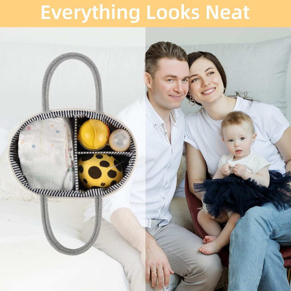 Baby Diaper Caddy Organizer, Portable Diaper Caddy Basket for Baby Boys and Girls, Cotton Rope Diaper Basket Organizer - Baby Basket with Compartments (Grey)