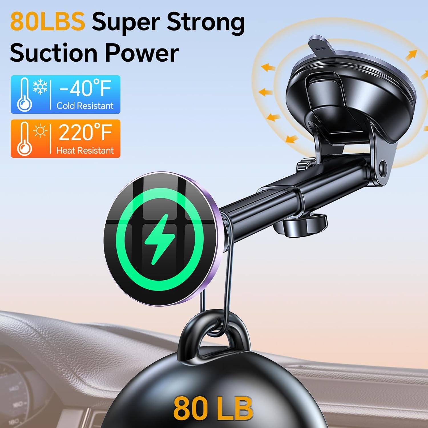 Coolpow for Magsafe Car Mount Charger【Ultra Magnet】 Magnetic Phone Holders for Your Car Charger【Windshield+Vent+Dash】 Magnetic Wireless Car Phone Holder Charger Car Mount for Iphone 17 (Purple)