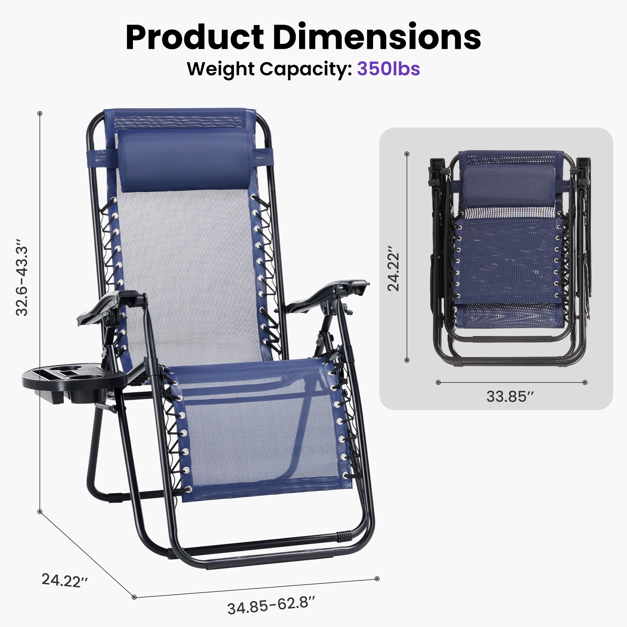 2PCS Zero Gravity Patio Recliner, Textilene Folding Lounge with Adjustable Pillow & Cup Tray, Blue