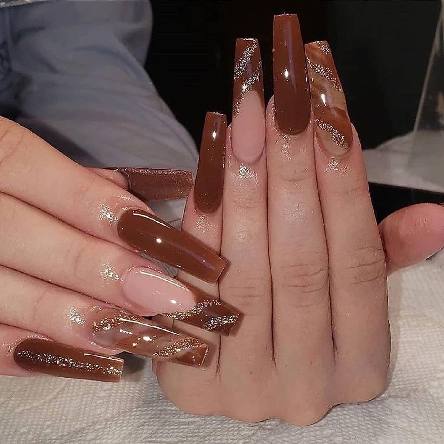 BABALAL Long Coffin Press-On Nails - 24Pcs Brown Fall Acrylic with Bling Glossy Finish for Stunning Manicure