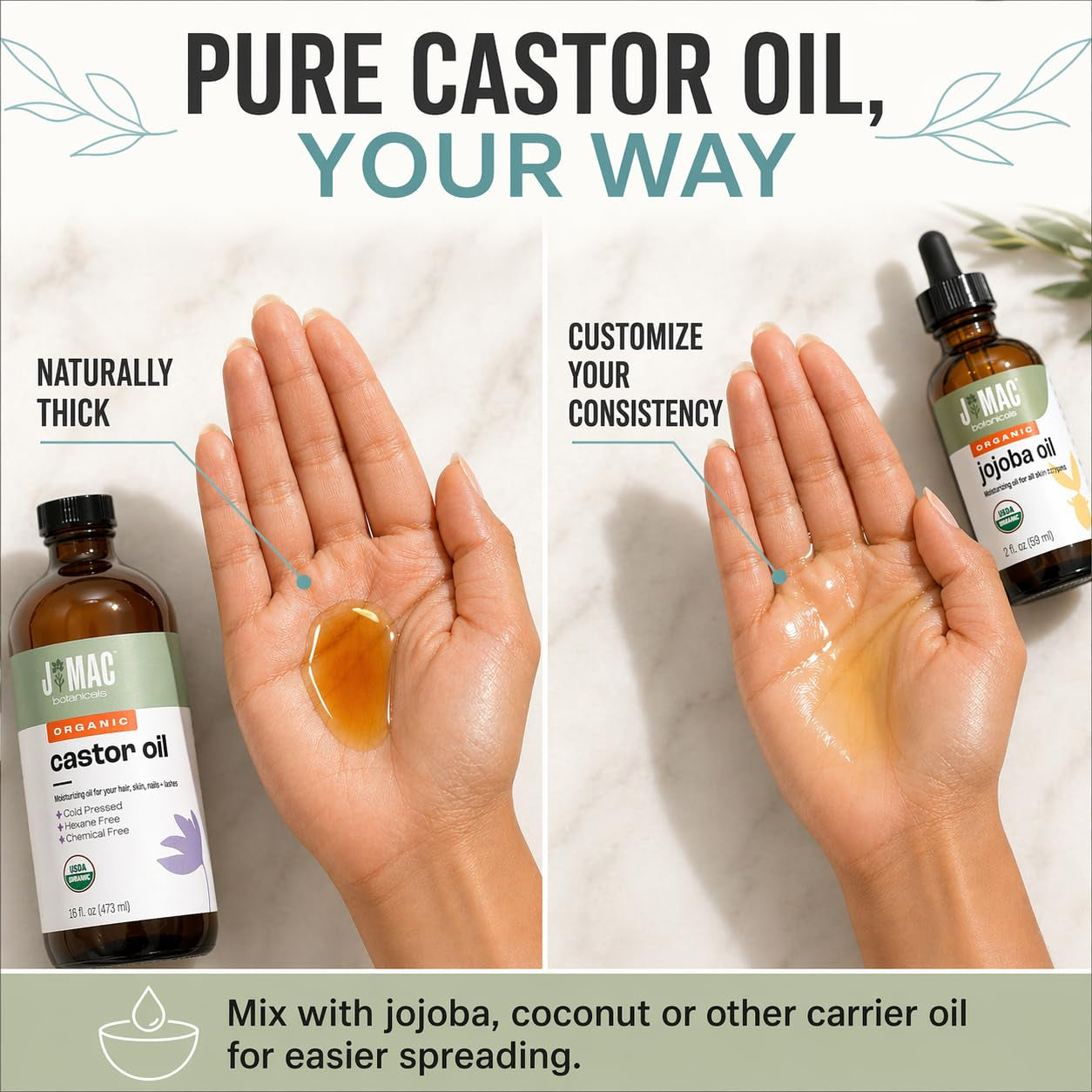 J MAC BOTANICALS USDA Certified Organic Cold Pressed Castor Oil - 16 Oz Amber Glass Bottle for Ultimate Moisture for Hair, Skin, Face, Eyelashes, Brows, and Nails - Hexane Free