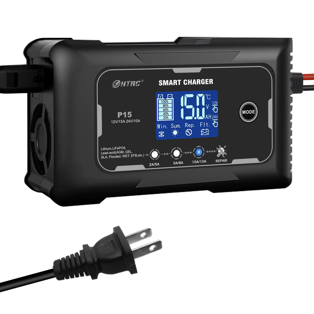 HTRC 12V/24V Car Battery Charger 15A Automatic Charger for Lithium Lifepo4 AGM GEL Lead-Acid Battery Charger for Car