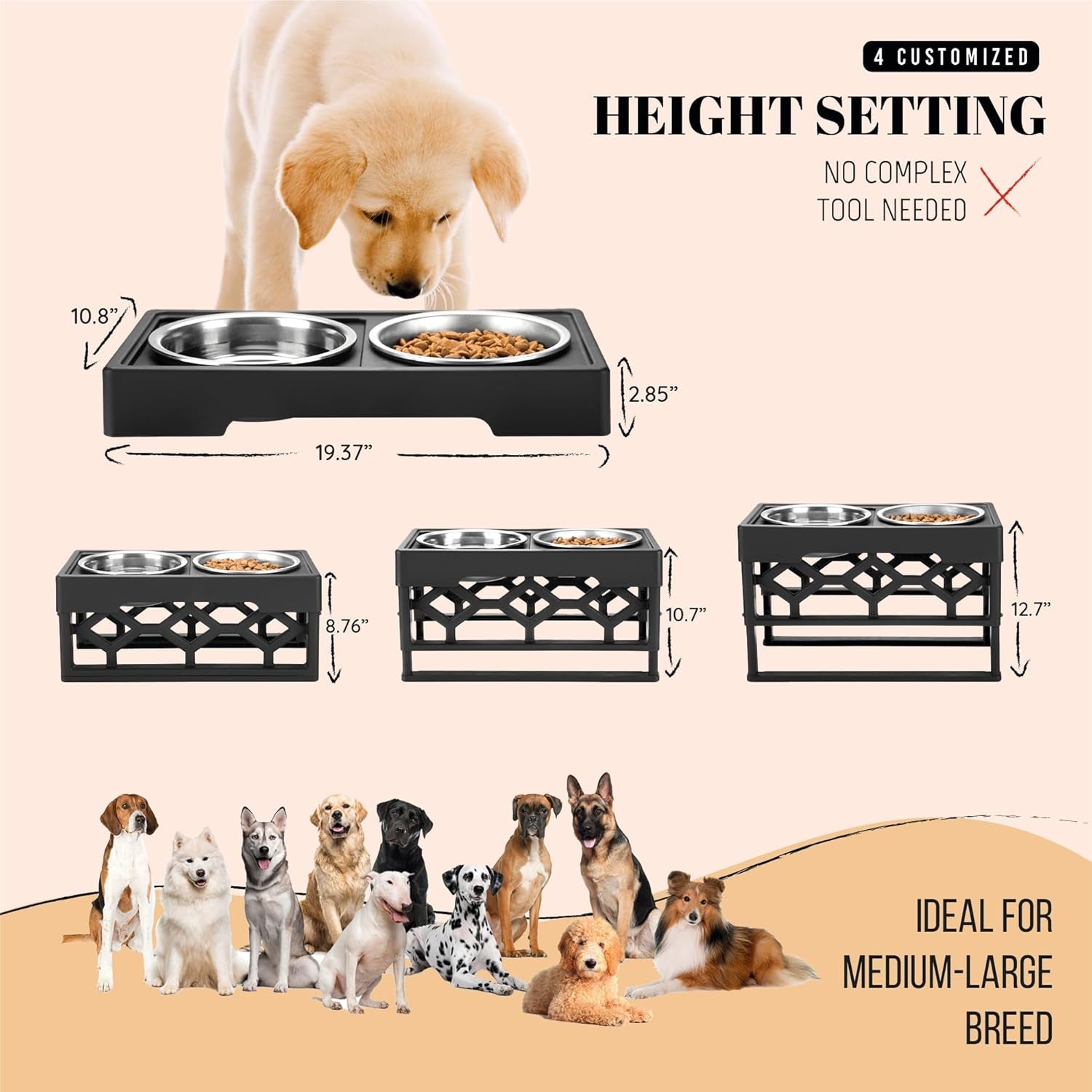 Elevate Your Pet's Dining Experience: AVERYDAY Adjustable Dog Bowls with Stainless Steel Bowls and Anti-Slip Base for Medium to Large Dogs