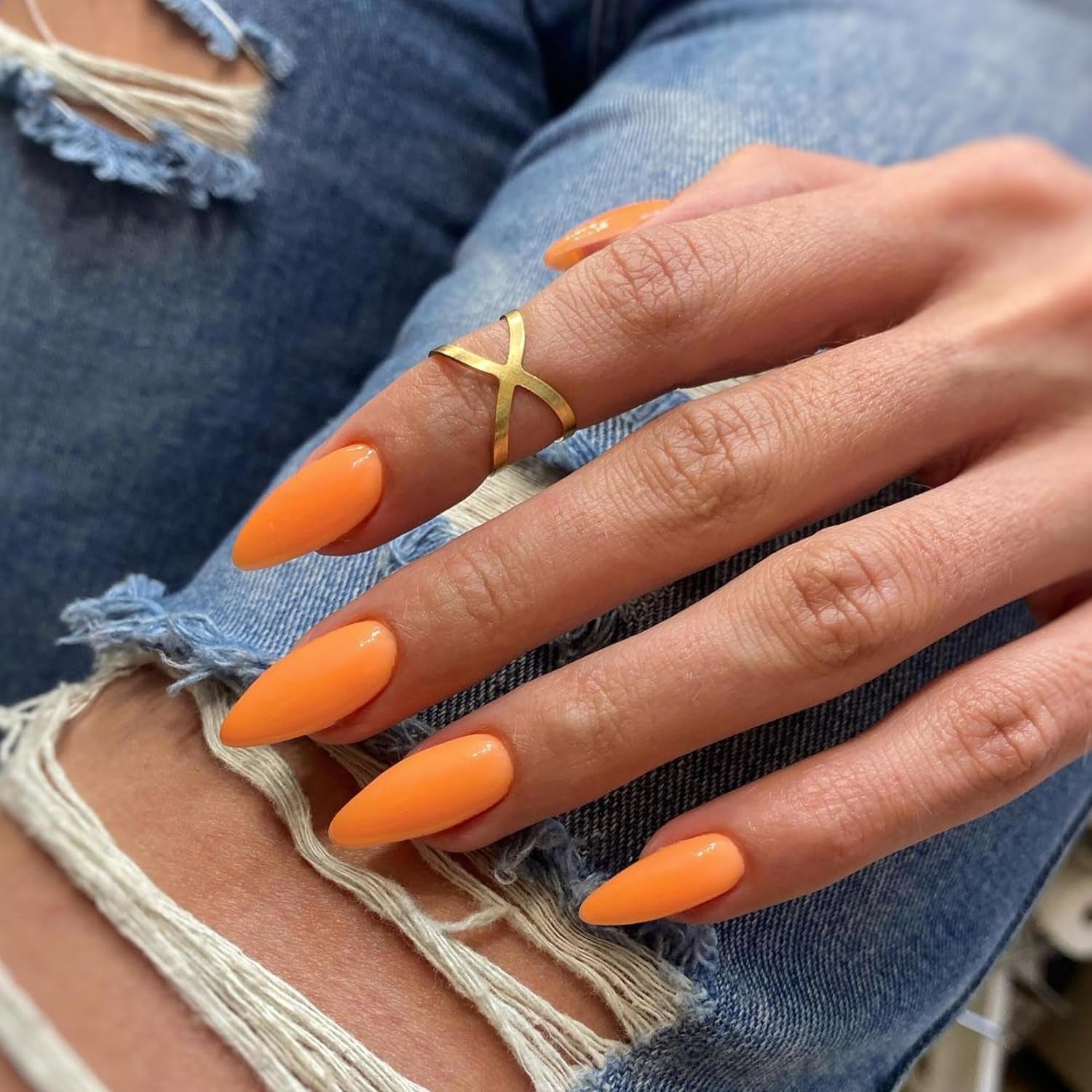Vibrant Orange Red Almond Press-On Nails - Reusable Medium Length Acrylic Stiletto Nails for Women & Girls