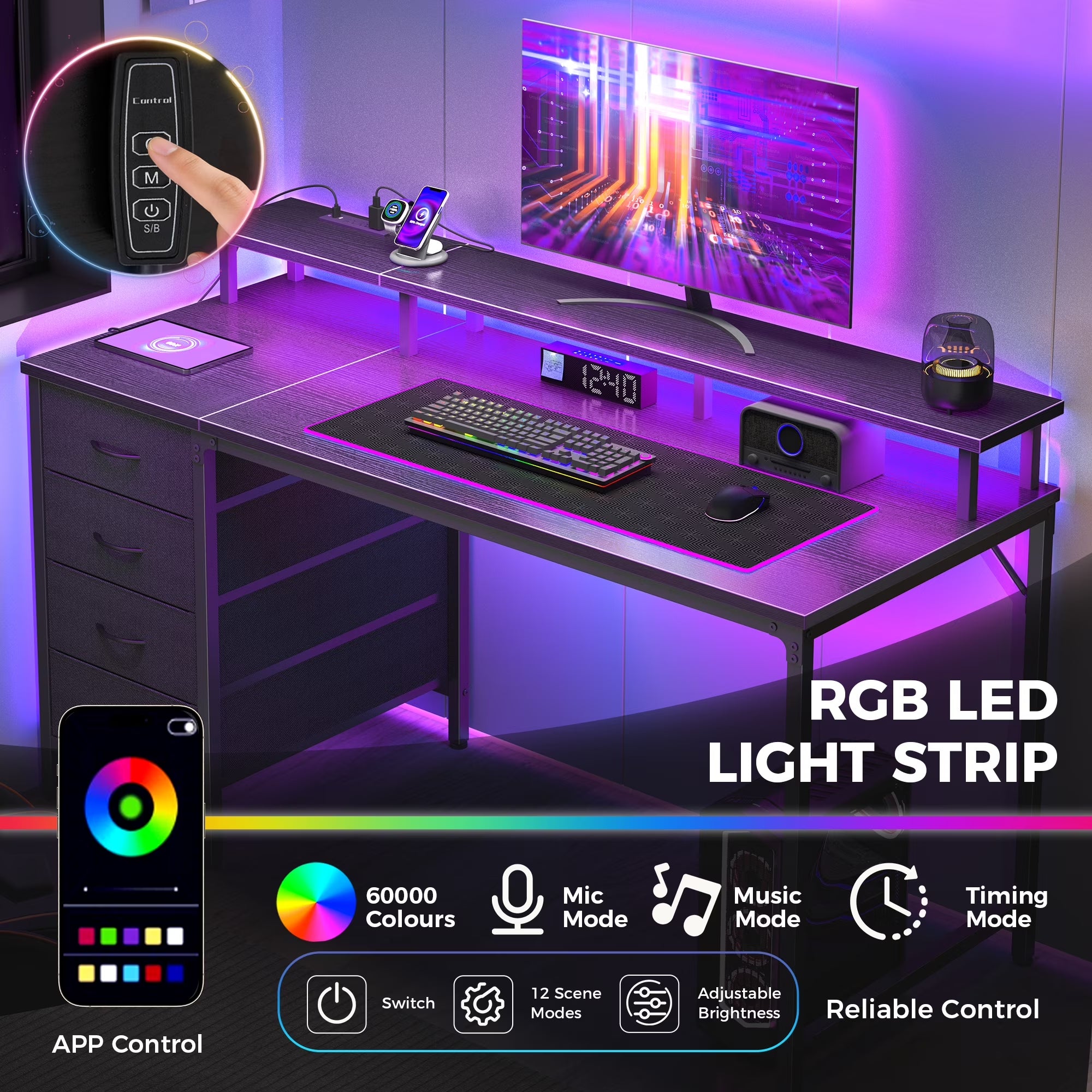 47-Inch Computer Desk with Power Outlets and LED Lights, Gaming Desk with 4 Drawers and Monitor Stand for Small Spaces, Black