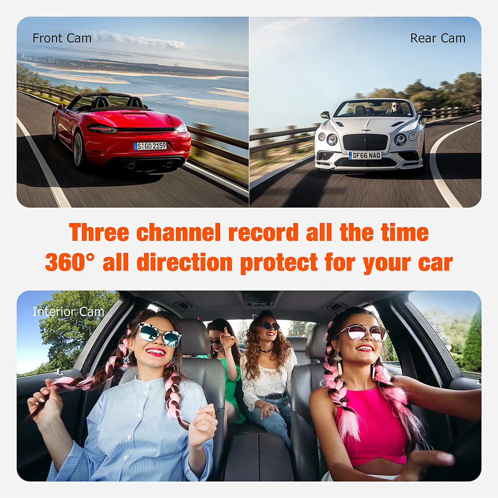TOGUARD 3 Channel Dash Cam 1080P Dash Cam Front and Rea with 64GB SD Card Infrared Night Vision Car Camera, WDR, Emergency Lock, Parking Monitor