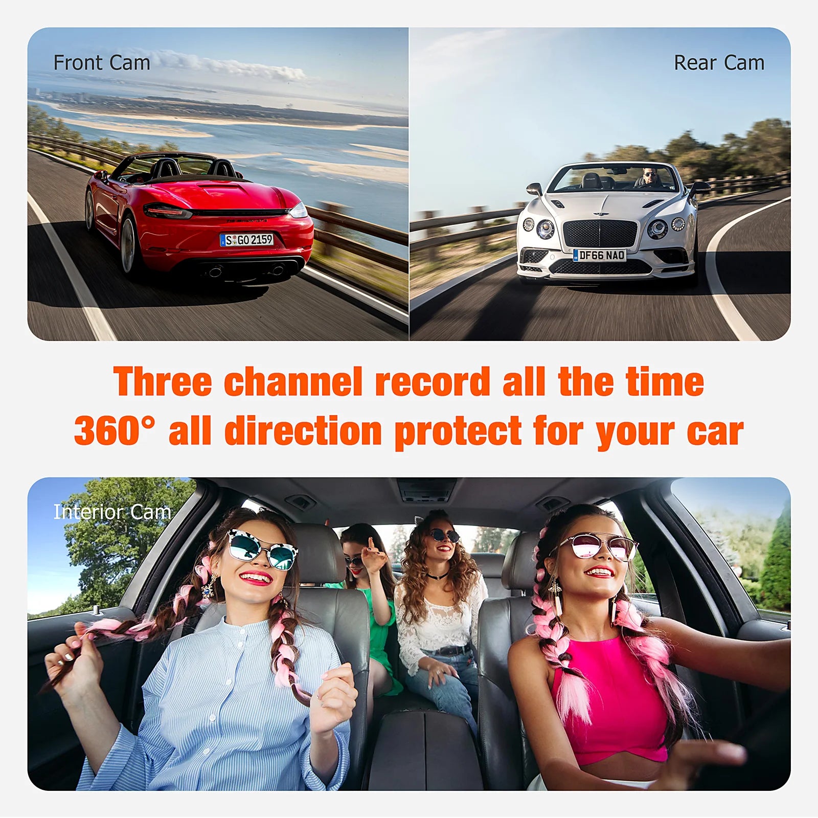 TOGUARD 3 Channel Dash Cam 1080P Dash Cam Front and Rea with 64GB SD Card Infrared Night Vision Car Camera, WDR, Emergency Lock, Parking Monitor