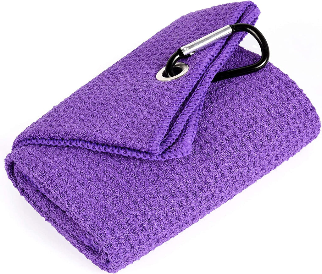 Mile High Life Tri-Fold Golf Towel | 16" X 24" | Premium Microfiber Fabric | Waffle Pattern | with Heavy Duty Carabiner Clip | for Men and Women (Purple)