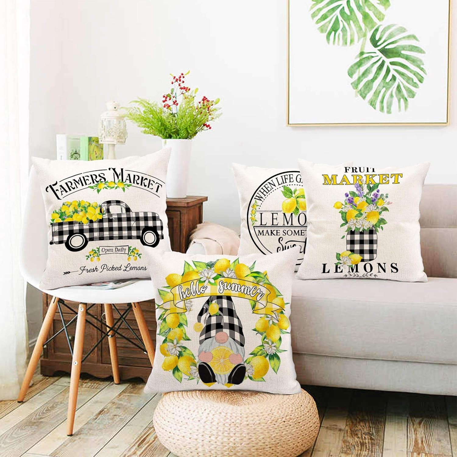 Set of 4 Hexagram Lemon Farmhouse Pillow Covers 16x16 - Summer Buffalo Plaid Decorative Cushions for Couch, Sofa, and Indoor Living Room Decor (No Insert)