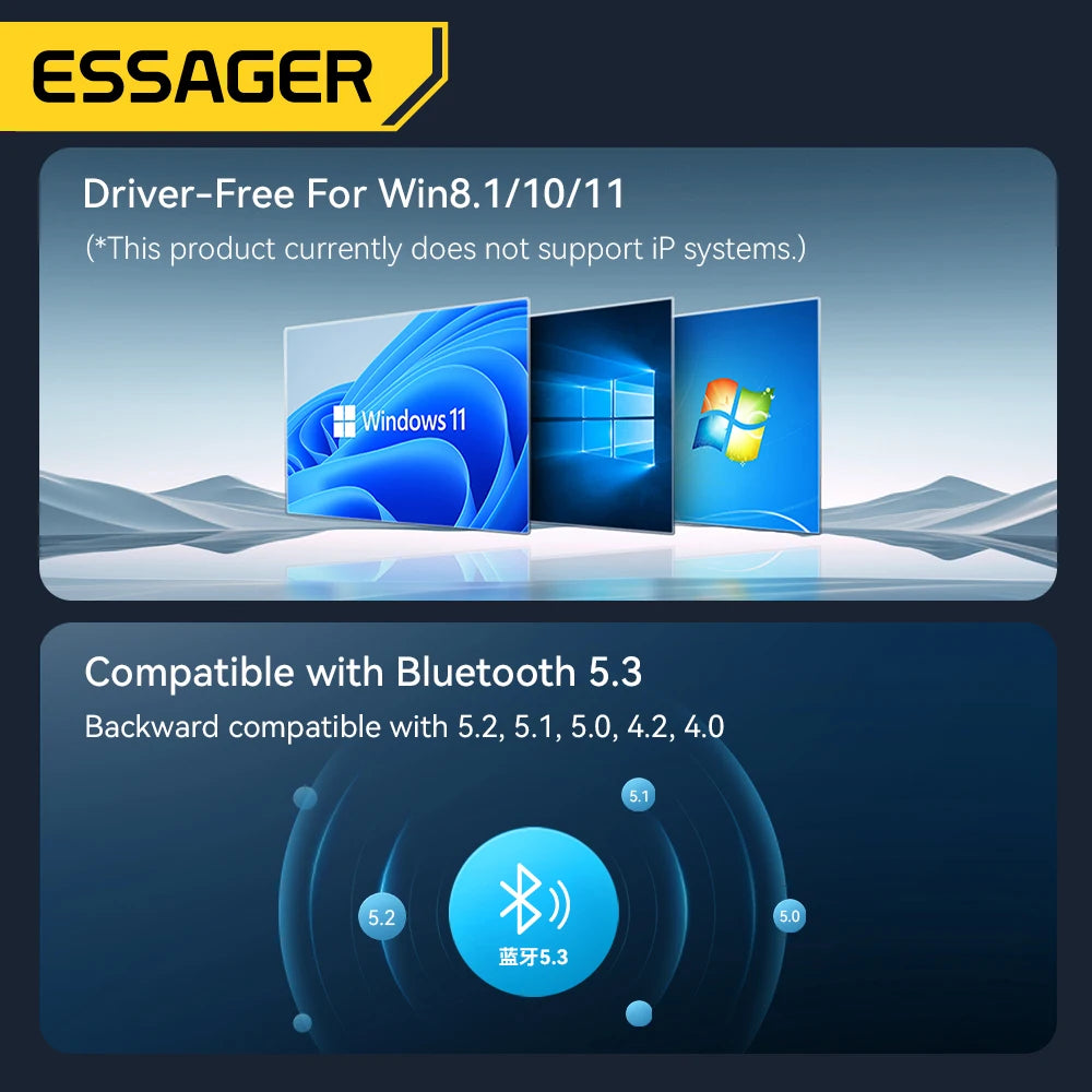Essager USB Bluetooth 5.3 Adapter Aux Audio Receiver Transmitter for PC Speaker Laptop Soundbox Wireless Mouse USB Transmitter