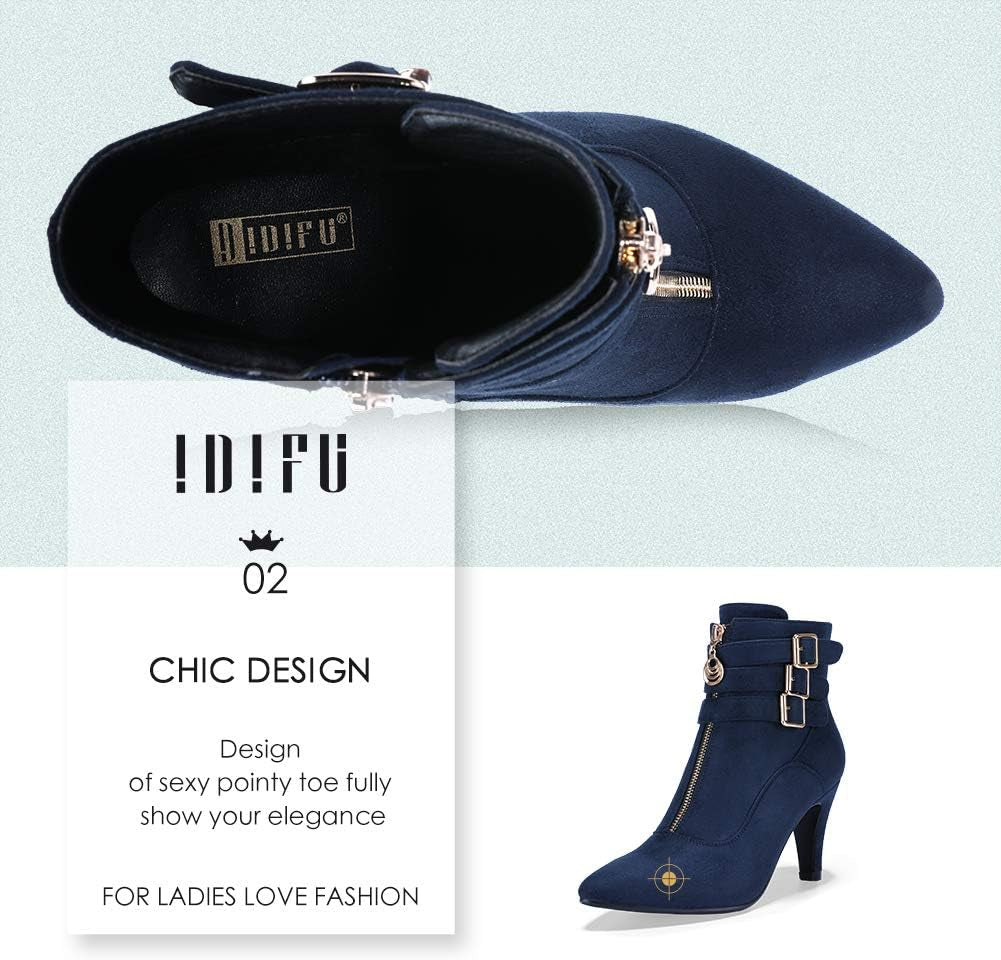 IDIFU Women'S Pointed Toe Metal Buckle Two Strap Ankle Booties Side Zipper Kitten Heel Dress Classic Short Boots