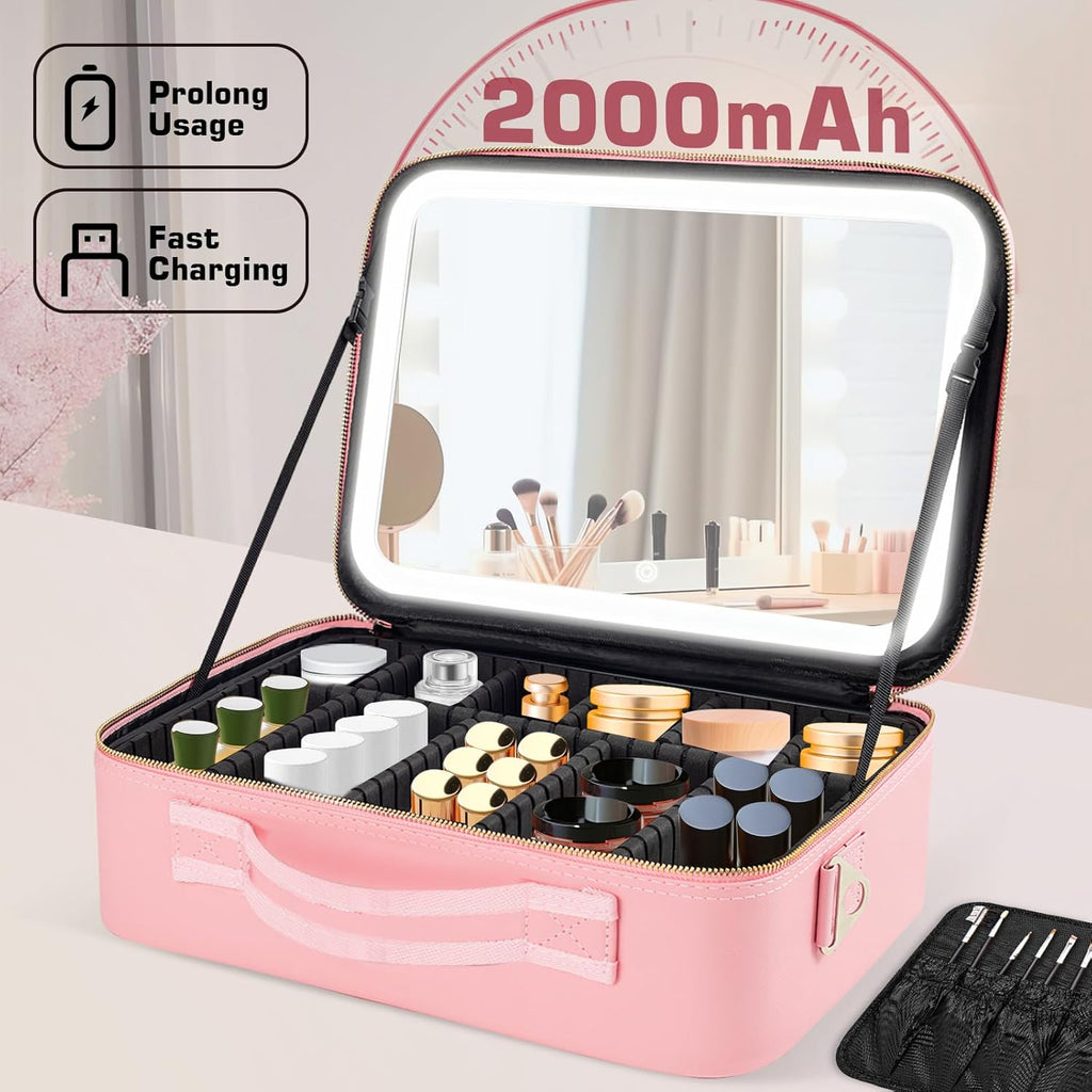 Large Capacity Makeup Bag with LED Mirror - Adjustable Brightness, Travel Organizer with Detachable Dividers & Shoulder Strap